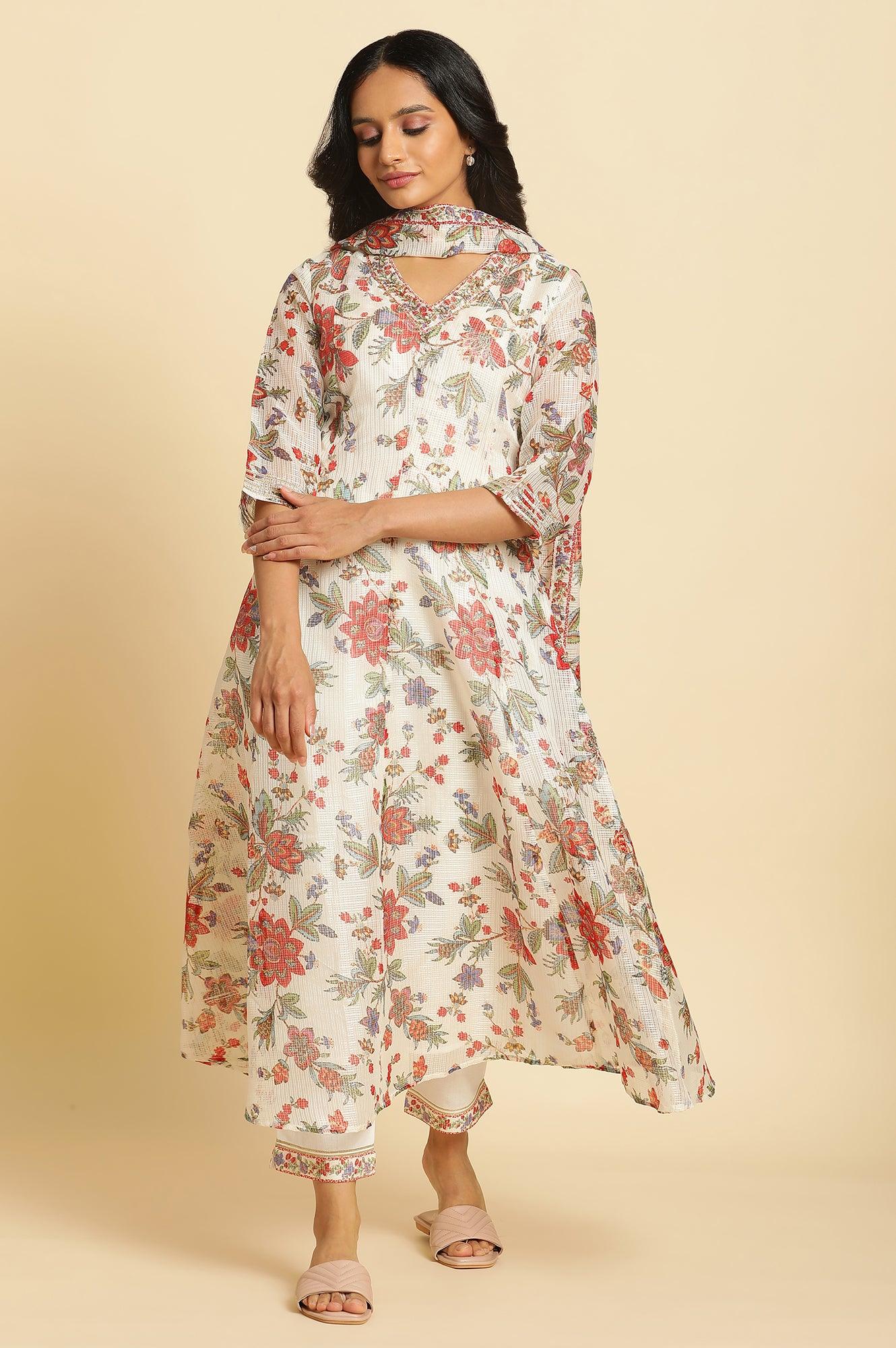 Ecru Printed Panelled Kurta, Pants And Dupatta Set - wforwoman