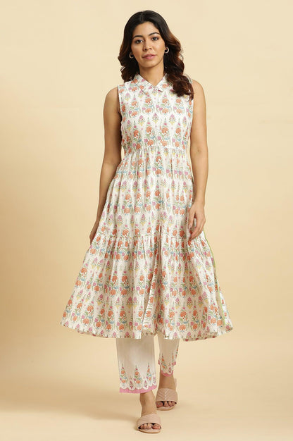 White Cotton Gathered Kurta In Multi-Coloured Print &amp; Pants Set - wforwoman