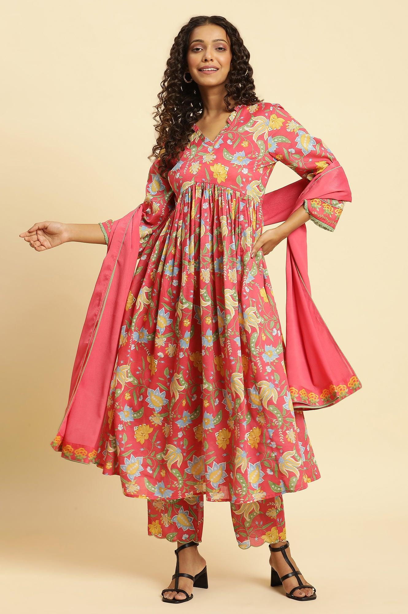 Red Chintz Gathered Kurta, Pants And Dupatta Set - wforwoman