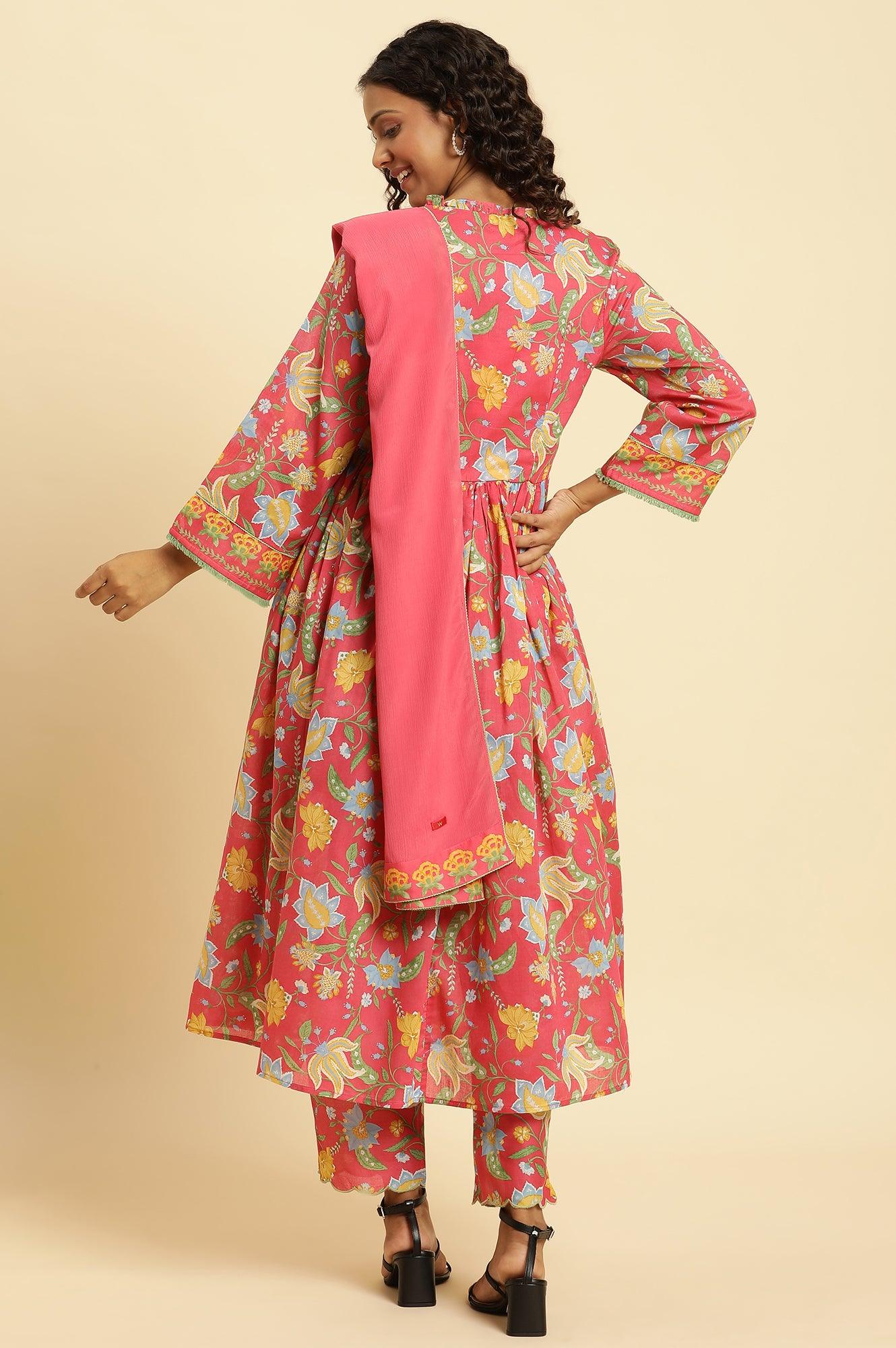 Red Chintz Gathered Kurta, Pants And Dupatta Set - wforwoman