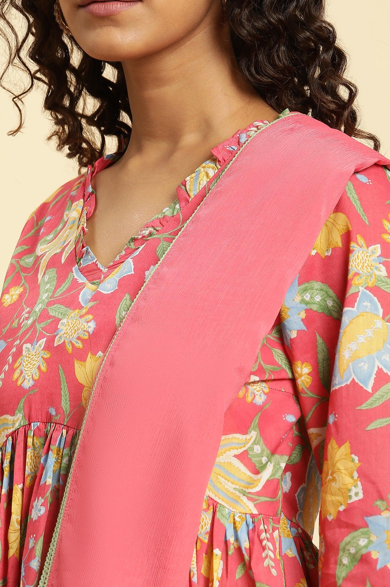 Red Chintz Gathered Kurta, Pants And Dupatta Set - wforwoman