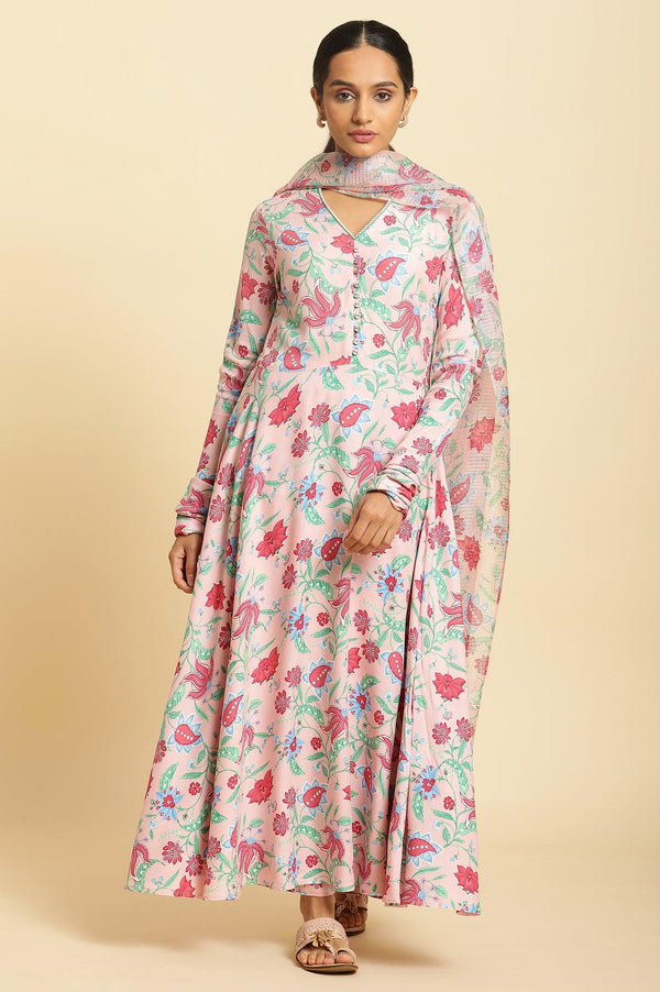Flamingo Pink Floral Printed Anarkali Kurta, Pants And Dupatta Set