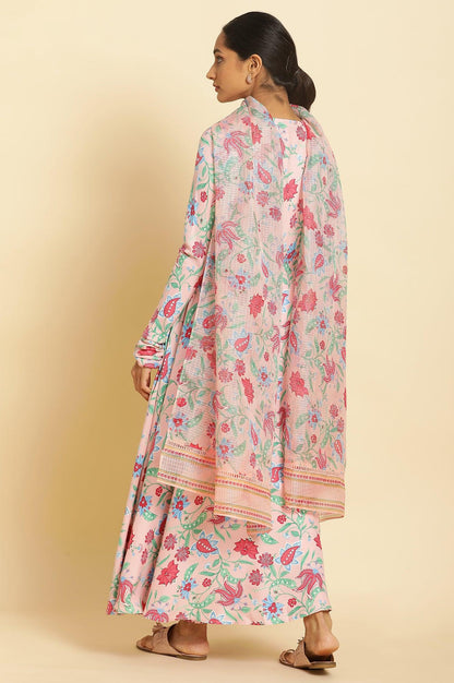 Flamingo Pink Floral Printed Anarkali Kurta, Pants And Dupatta Set - wforwoman