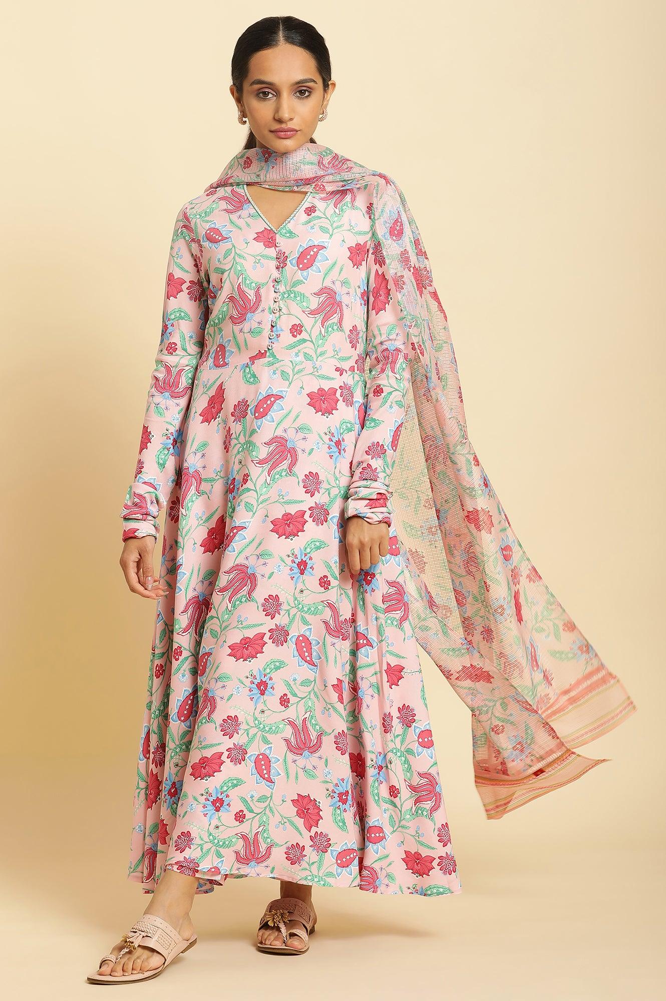 Flamingo Pink Floral Printed Anarkali Kurta, Pants And Dupatta Set - wforwoman