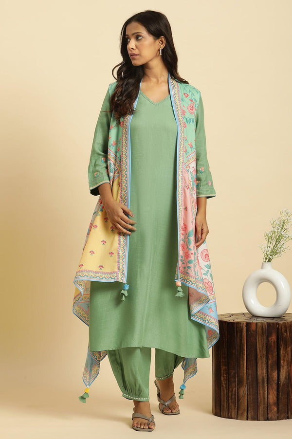 Green Solid Kurta, Printed Gilet And Gathered Pants Set