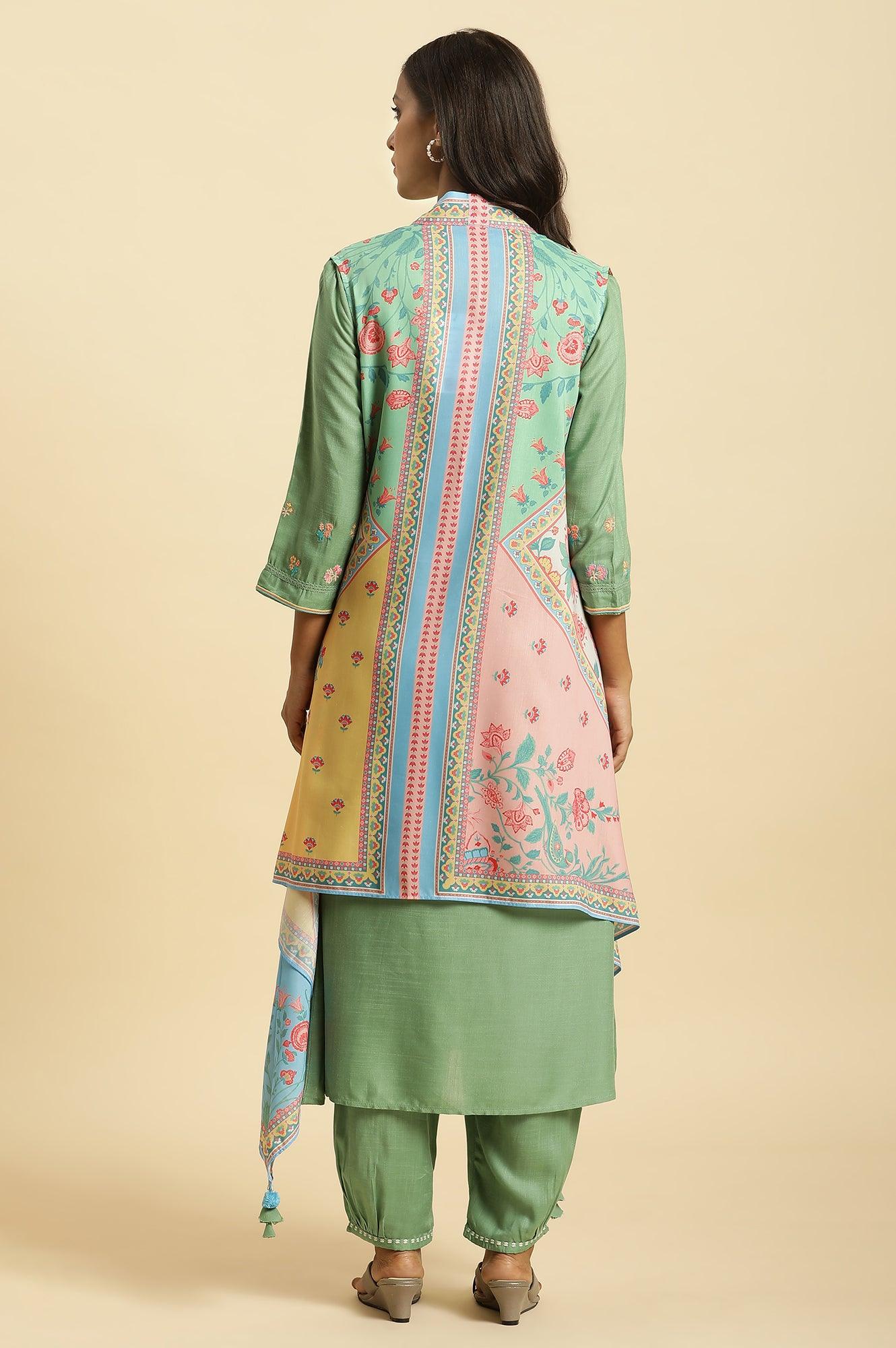 Green Solid Kurta, Printed Gilet And Gathered Pants Set - wforwoman