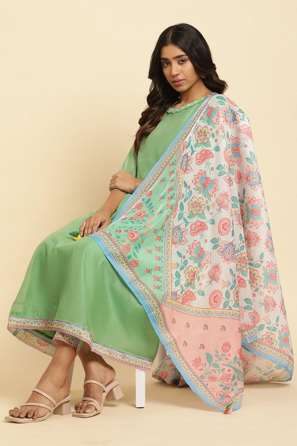 Green Embroidered Kurta, Pants And Printed Dupatta Set