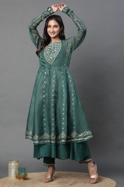 Green Layered Anakali Kurta And Slim Pant Set - wforwoman