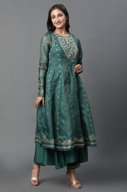 Green Layered Anakali Kurta And Slim Pant Set - wforwoman