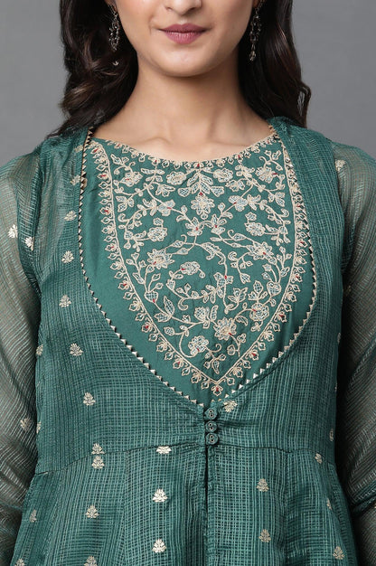 Green Layered Anakali Kurta And Slim Pant Set - wforwoman