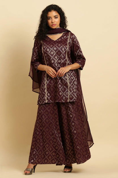 Purple Zari Embellished Short Kurta, Flared Pants And Dupatta Set - wforwoman