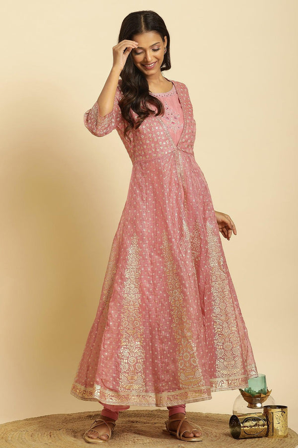 Pink Foil Printed Mock Layered Kurta And Tights Set