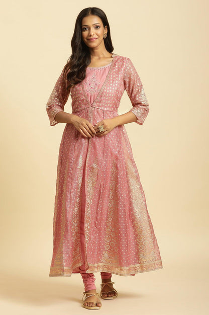 Pink Foil Printed Mock Layered Kurta And Tights Set - wforwoman