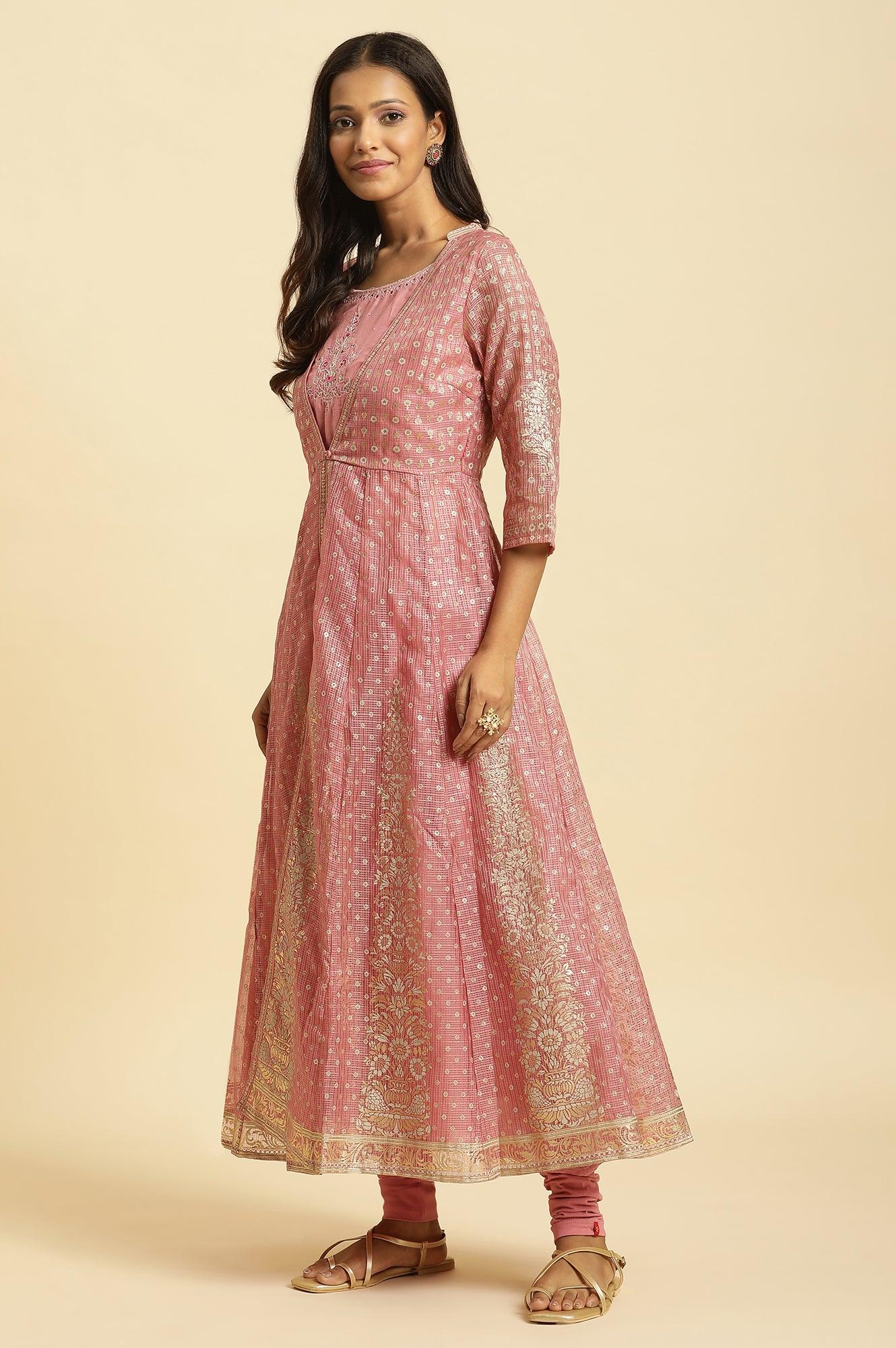 Pink Foil Printed Mock Layered Kurta And Tights Set - wforwoman
