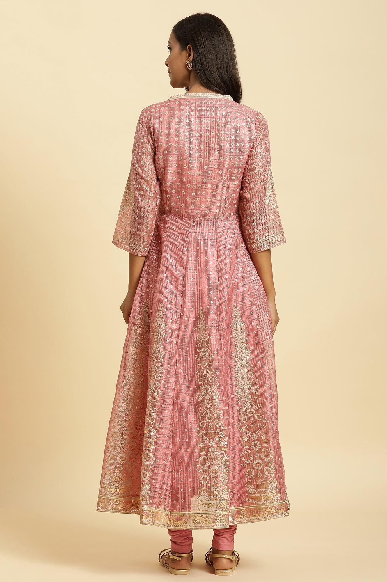 Pink Foil Printed Mock Layered Kurta And Tights Set - wforwoman