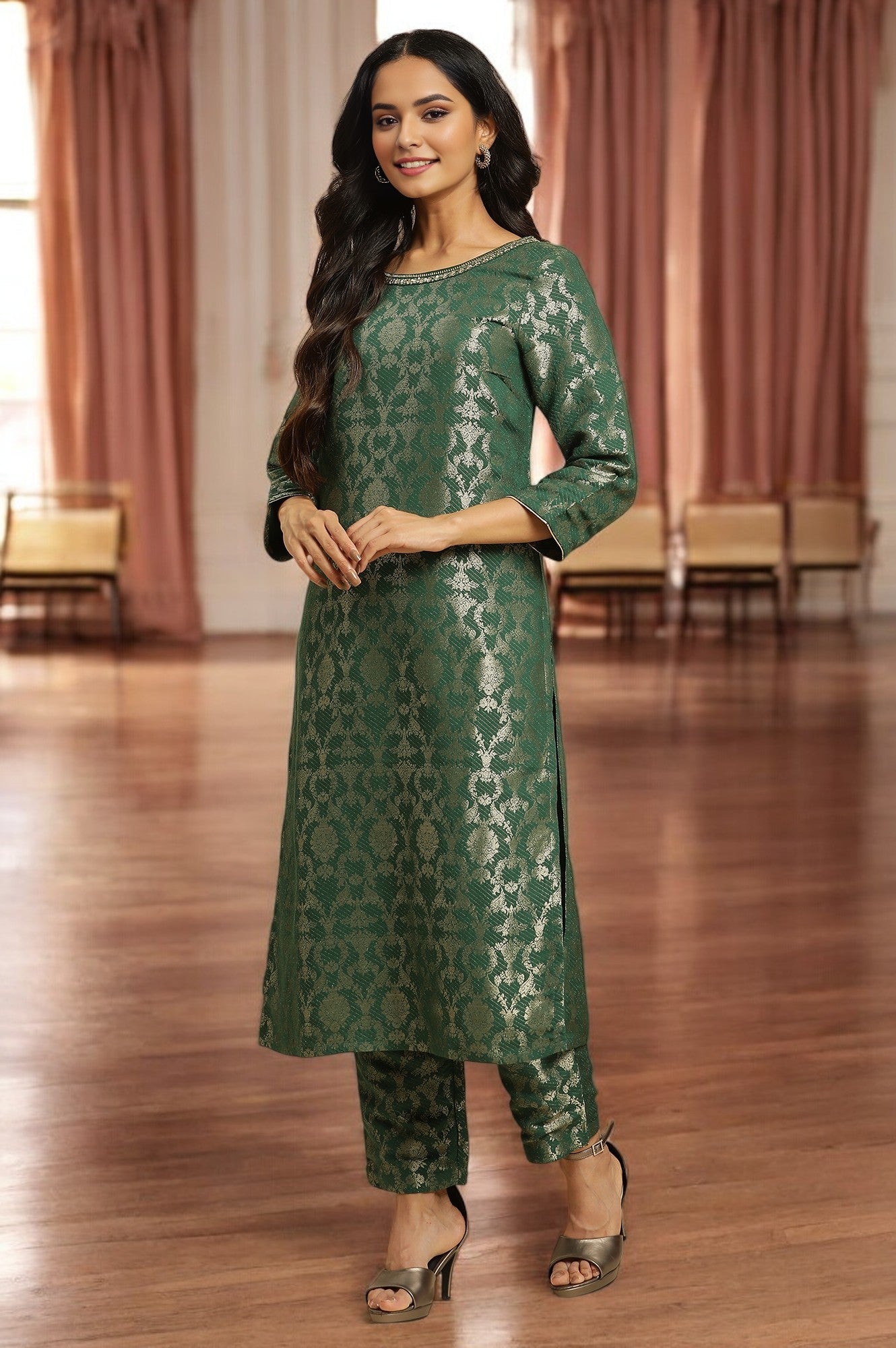 Green Jacquard Rayon Kurta and Pants Ethnic Festive Co-ord Set
