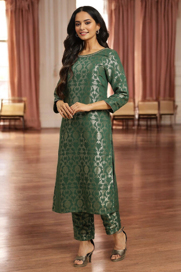 Green Jacquard Rayon Kurta and Pants Ethnic Festive Co-ord Set