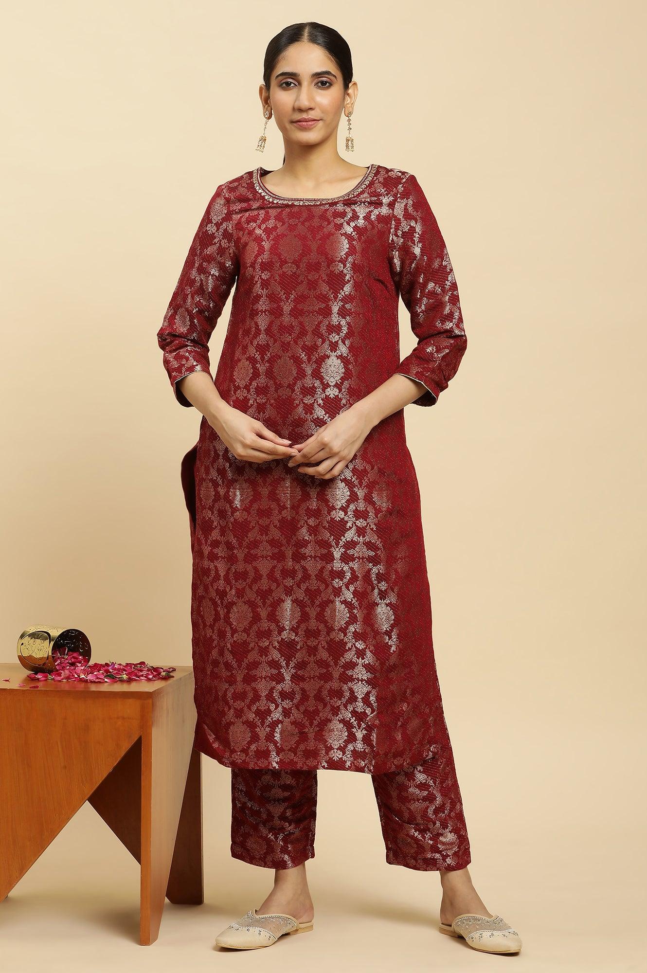 Maroon Rayon Jacquard Kurta And Pants Festive Set - wforwoman