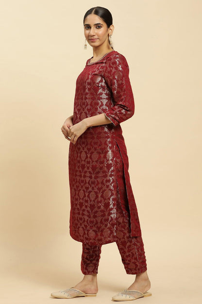 Maroon Rayon Jacquard Kurta And Pants Festive Set - wforwoman