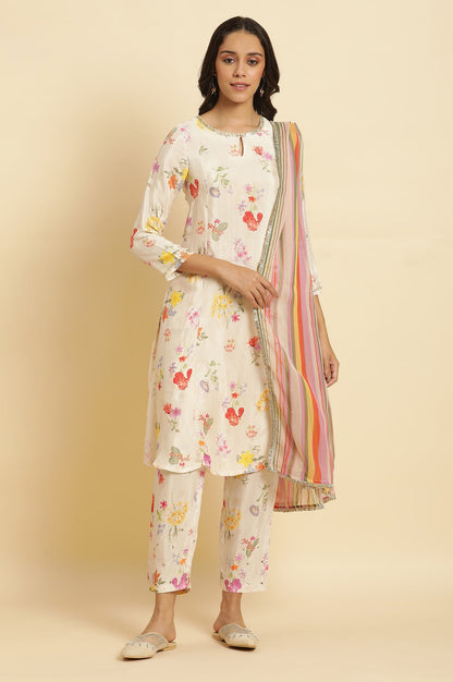 Cream Floral Printed Flared Kurta, Tights &amp; Dupatta Set