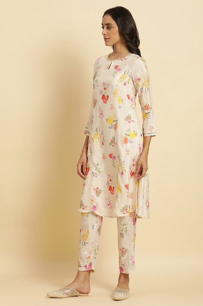 Cream Floral Printed Flared Kurta, Tights &amp; Dupatta Set