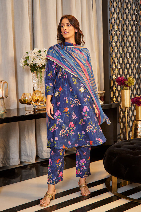 Navy Blue Floral Printed Pure Cotton Kurta, Pants with Dupatta Set