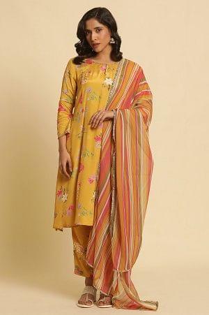Yellow Printed Embroidered Kurta, Pants And Dupatta Set