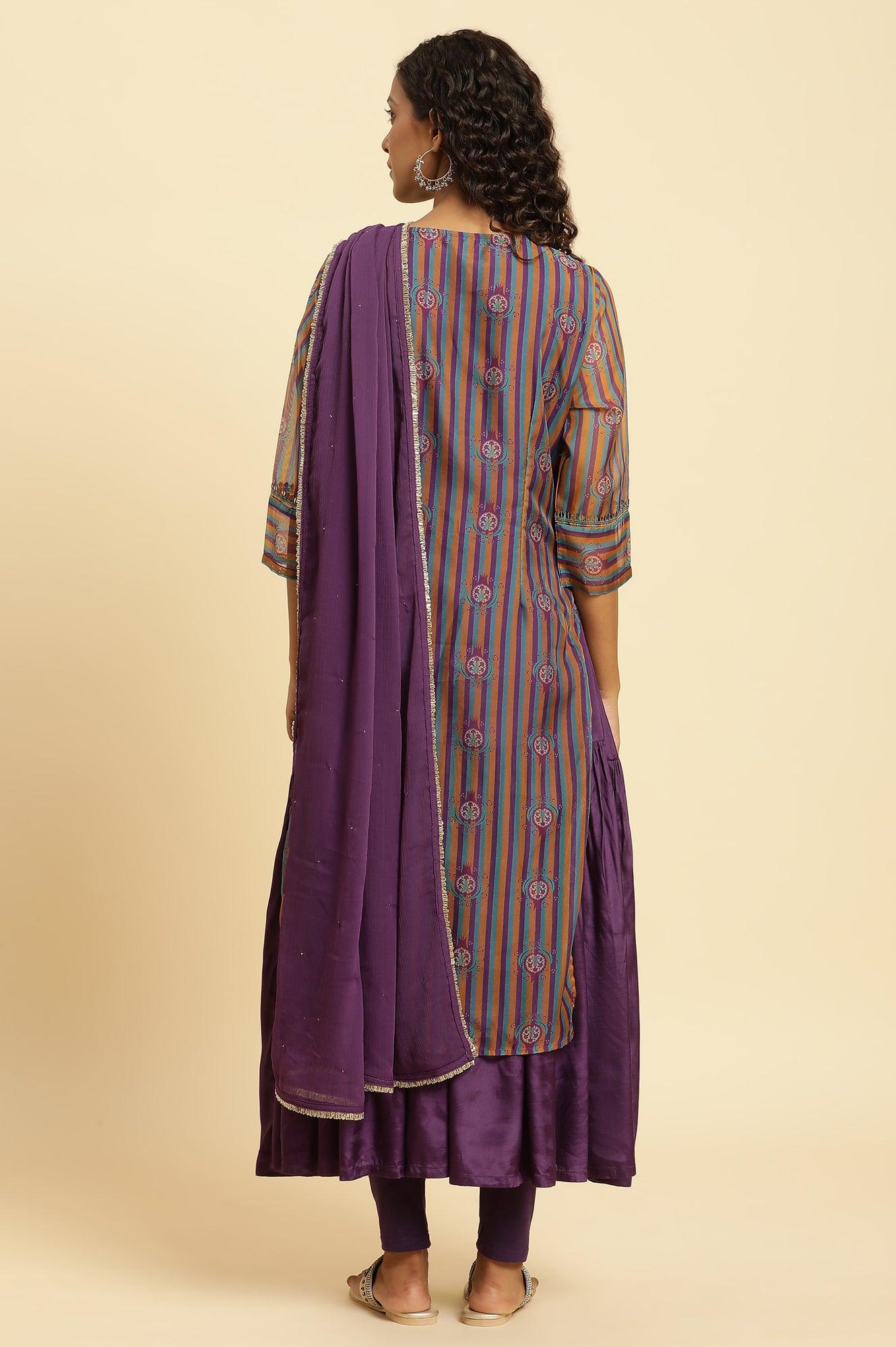 Purple Layered Suzani Printed Kurta, Tights And Dupatta Set - wforwoman