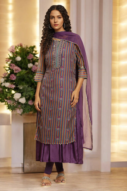 Purple Layered Suzani Printed Kurta, Tights and Dupatta Set