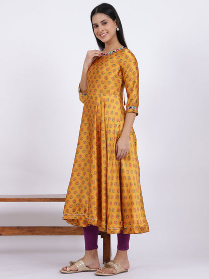 Yellow Floral Printed Satin Festive Anarkali Kurta and Leggings Set with Dupatta