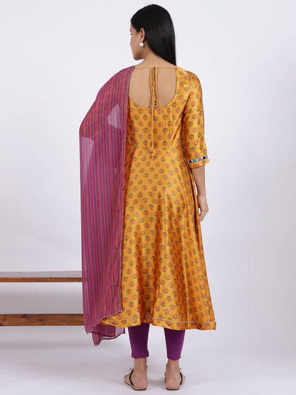 Yellow Floral Printed Satin Festive Anarkali Kurta and Leggings Set with Dupatta