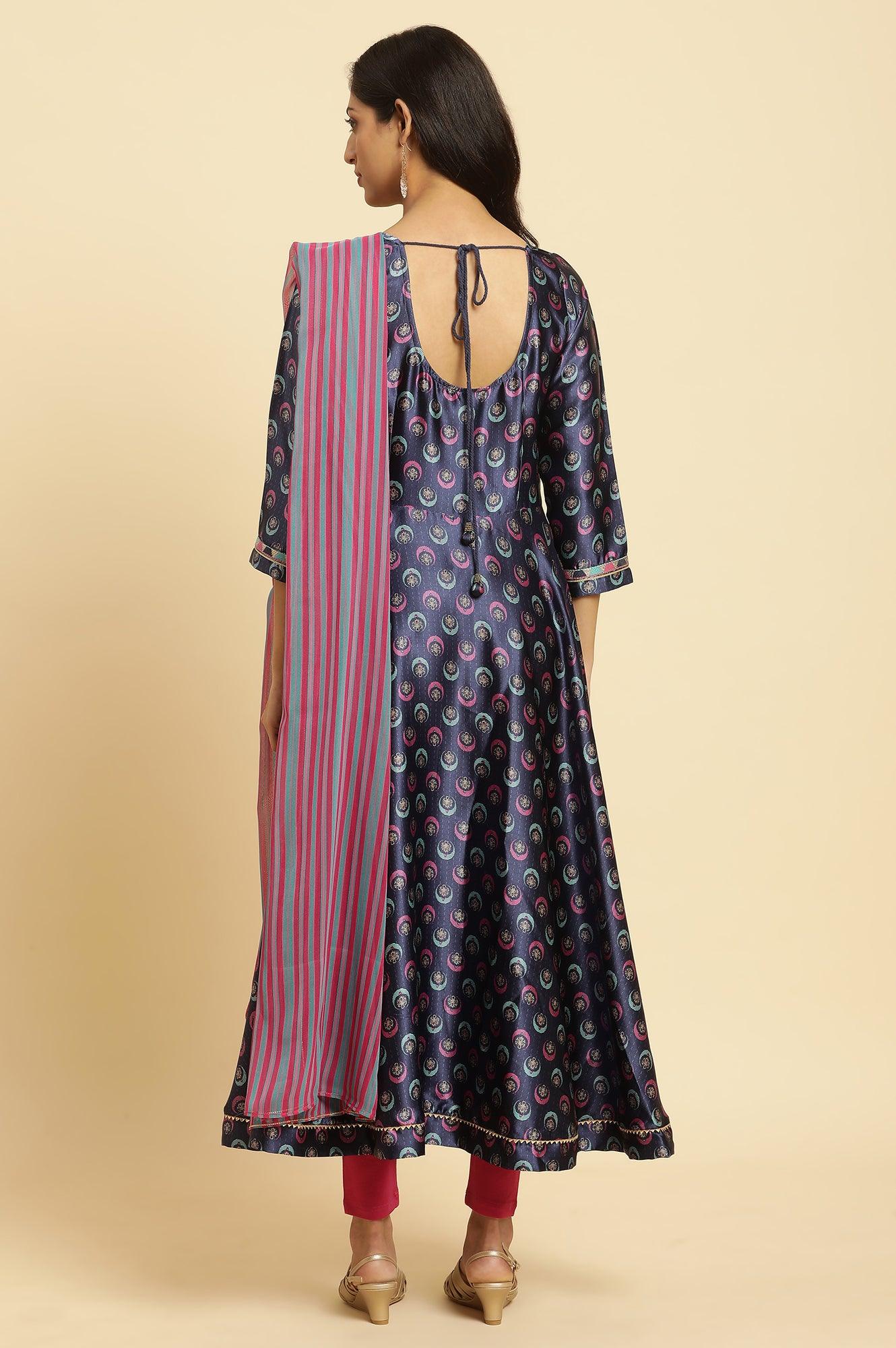 Navy Yellow Flared Kurta, Tights And Dupatta Set - wforwoman