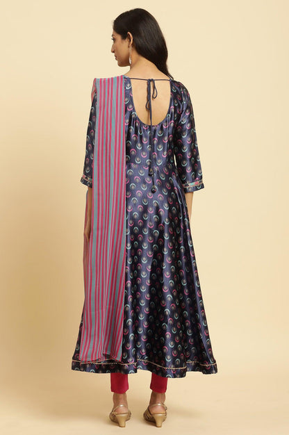 Navy Yellow Flared Kurta, Tights And Dupatta Set - wforwoman