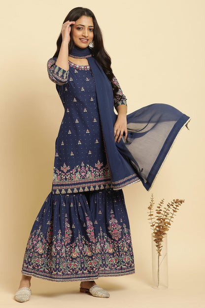 Blue Floral Printed Kurta, Sharara And Dupatta Set - wforwoman