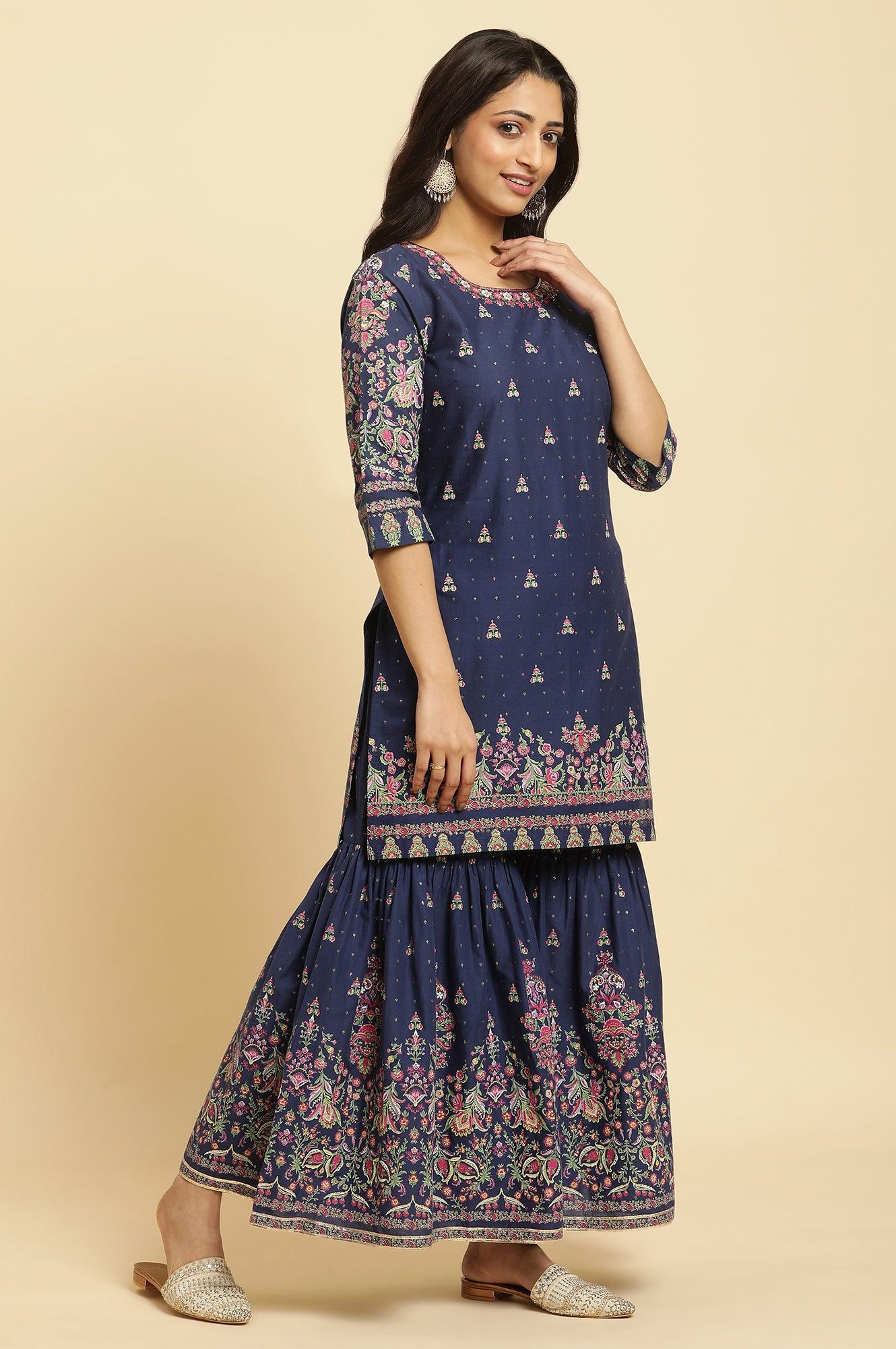 Blue Floral Printed Kurta, Sharara And Dupatta Set - wforwoman