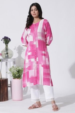 Pink & White Abstract Printed Kurta And Straight Pants Set