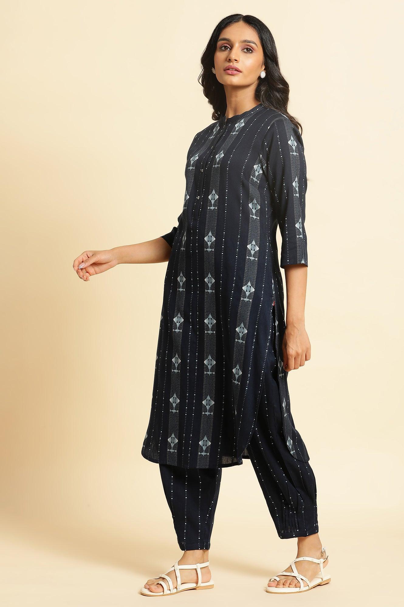 Navy Blue Printed Cotton Kurta &amp; Pleated Pants Set - wforwoman
