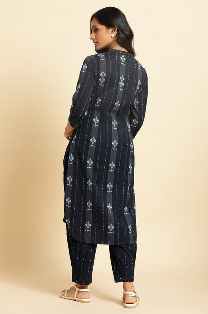 Navy Blue Printed Cotton Kurta &amp; Pleated Pants Set - wforwoman