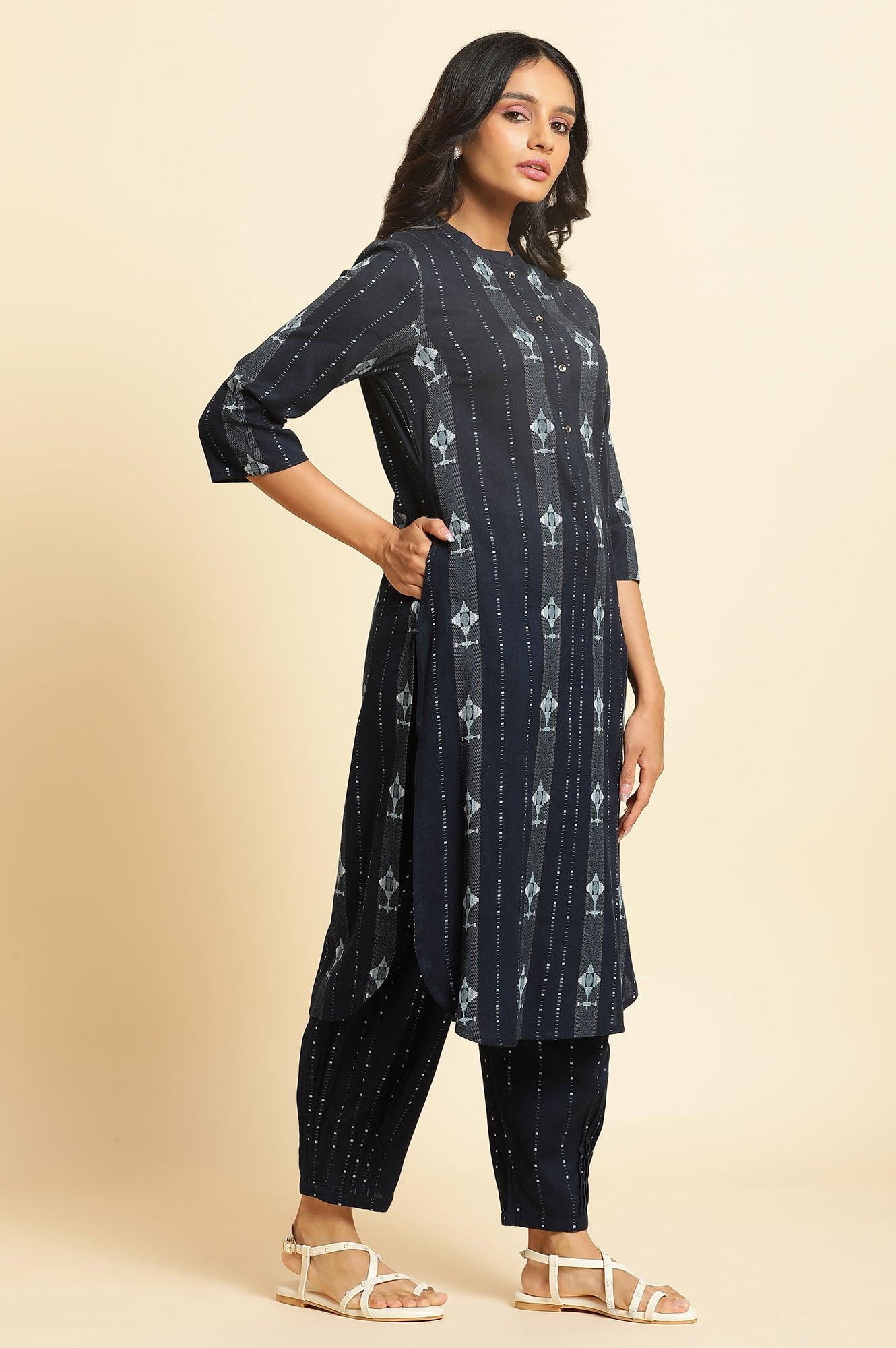 Navy Blue Printed Cotton Kurta &amp; Pleated Pants Set - wforwoman