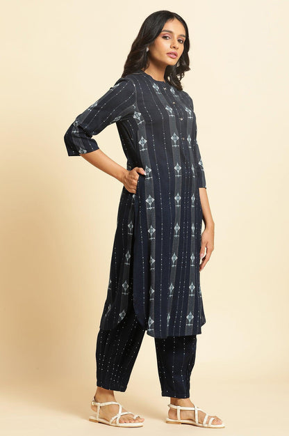 Navy Blue Printed Cotton Kurta &amp; Pleated Pants Set - wforwoman