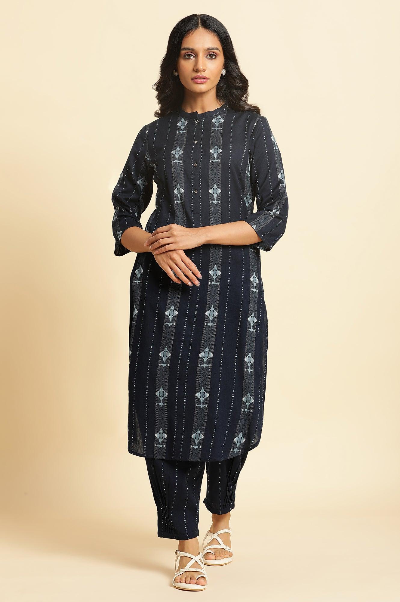 Navy Blue Printed Cotton Kurta &amp; Pleated Pants Set - wforwoman