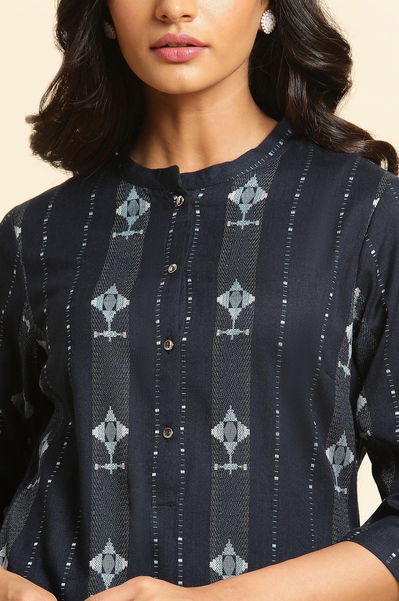 Navy Blue Printed Cotton Kurta &amp; Pleated Pants Set - wforwoman