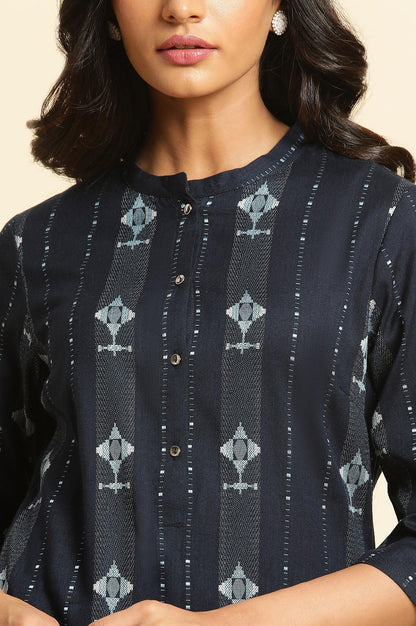 Navy Blue Printed Cotton Kurta &amp; Pleated Pants Set - wforwoman