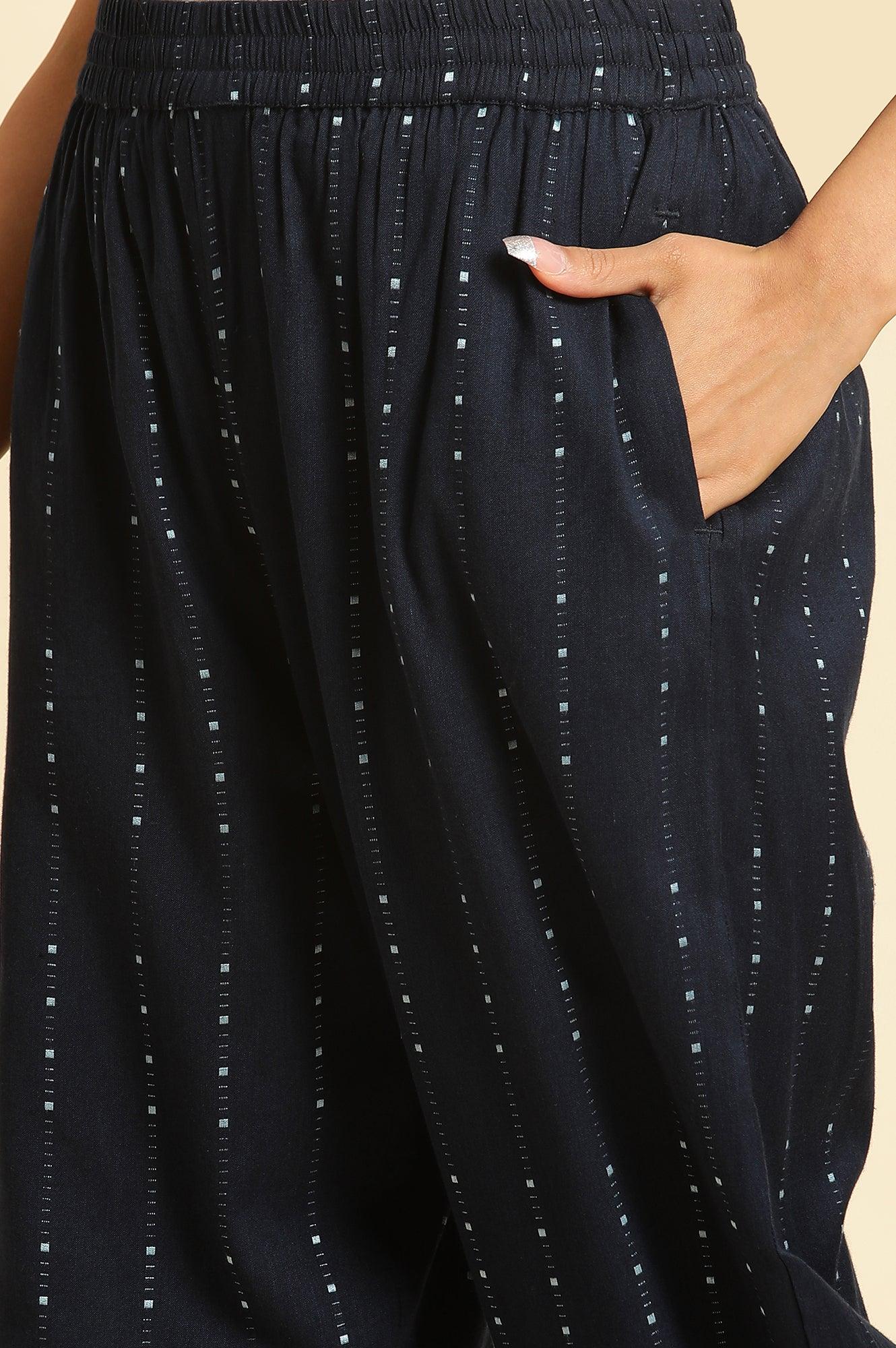 Navy Blue Printed Cotton Kurta &amp; Pleated Pants Set - wforwoman