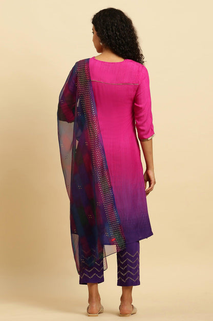 Magenta Pink Ombre A-Line Kurta, Pants And Dupatta Set - wforwoman