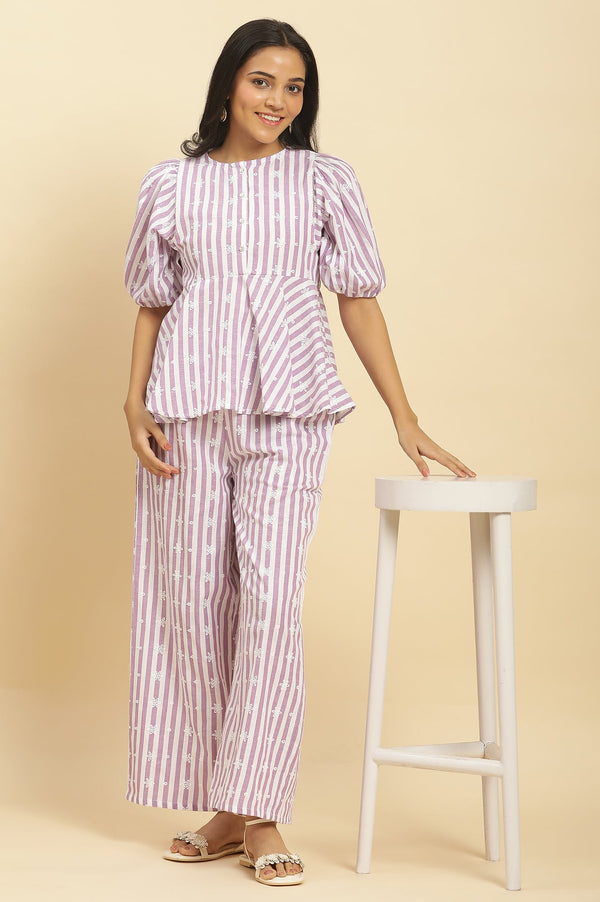 Purple And White Stripe Schiffli Peplum Top And Pants Co-ord Set