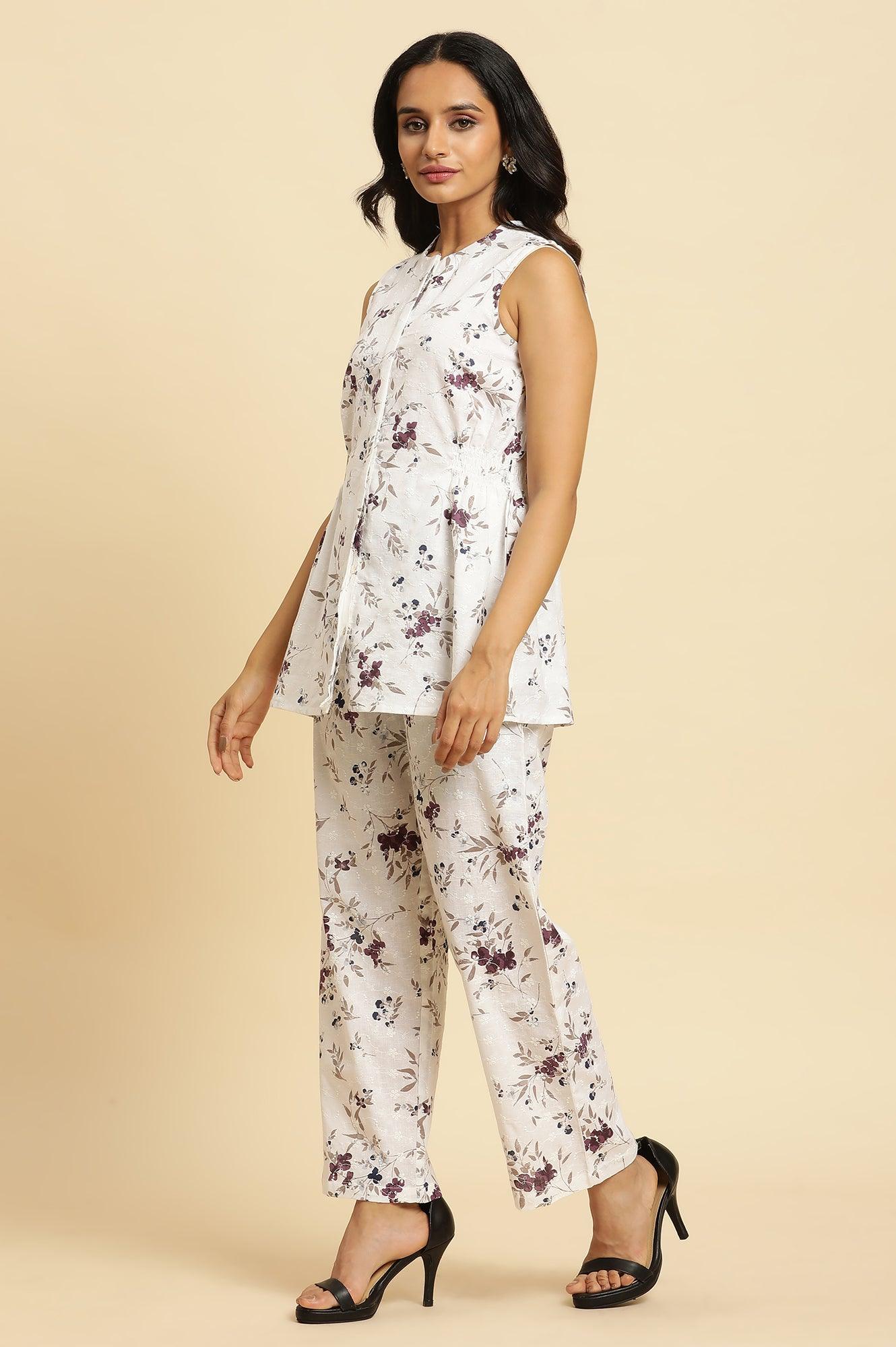 White Sleeveless Floral Printed Kurta And Pant Co-Ord Set - wforwoman