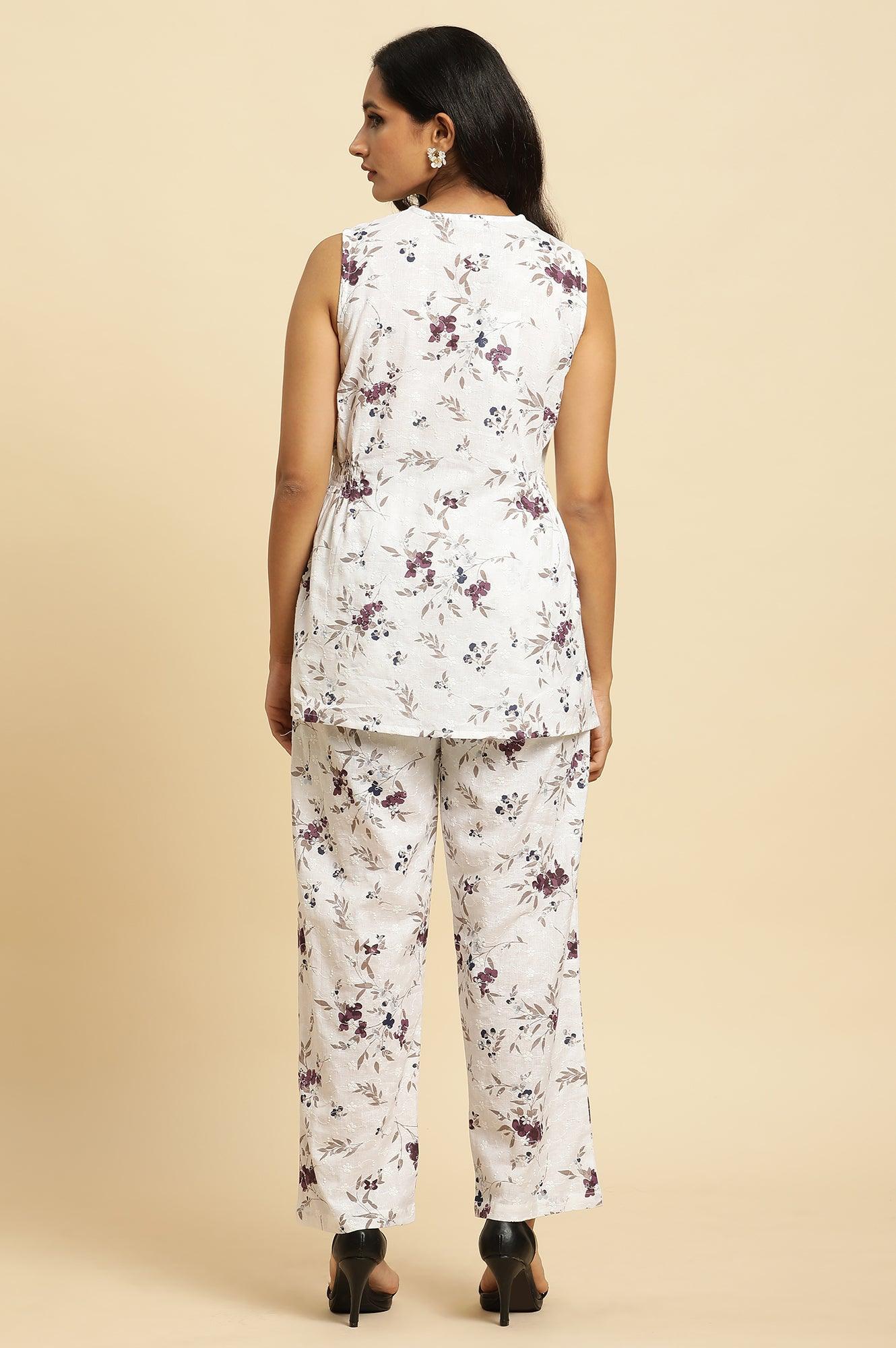 White Sleeveless Floral Printed Kurta And Pant Co-Ord Set - wforwoman