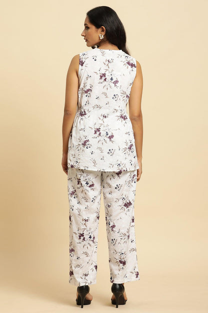 White Sleeveless Floral Printed Kurta And Pant Co-Ord Set - wforwoman