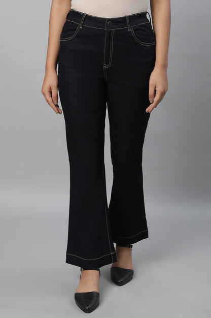 Blue Solid Boot-cut Denim Jeans with Front Zip